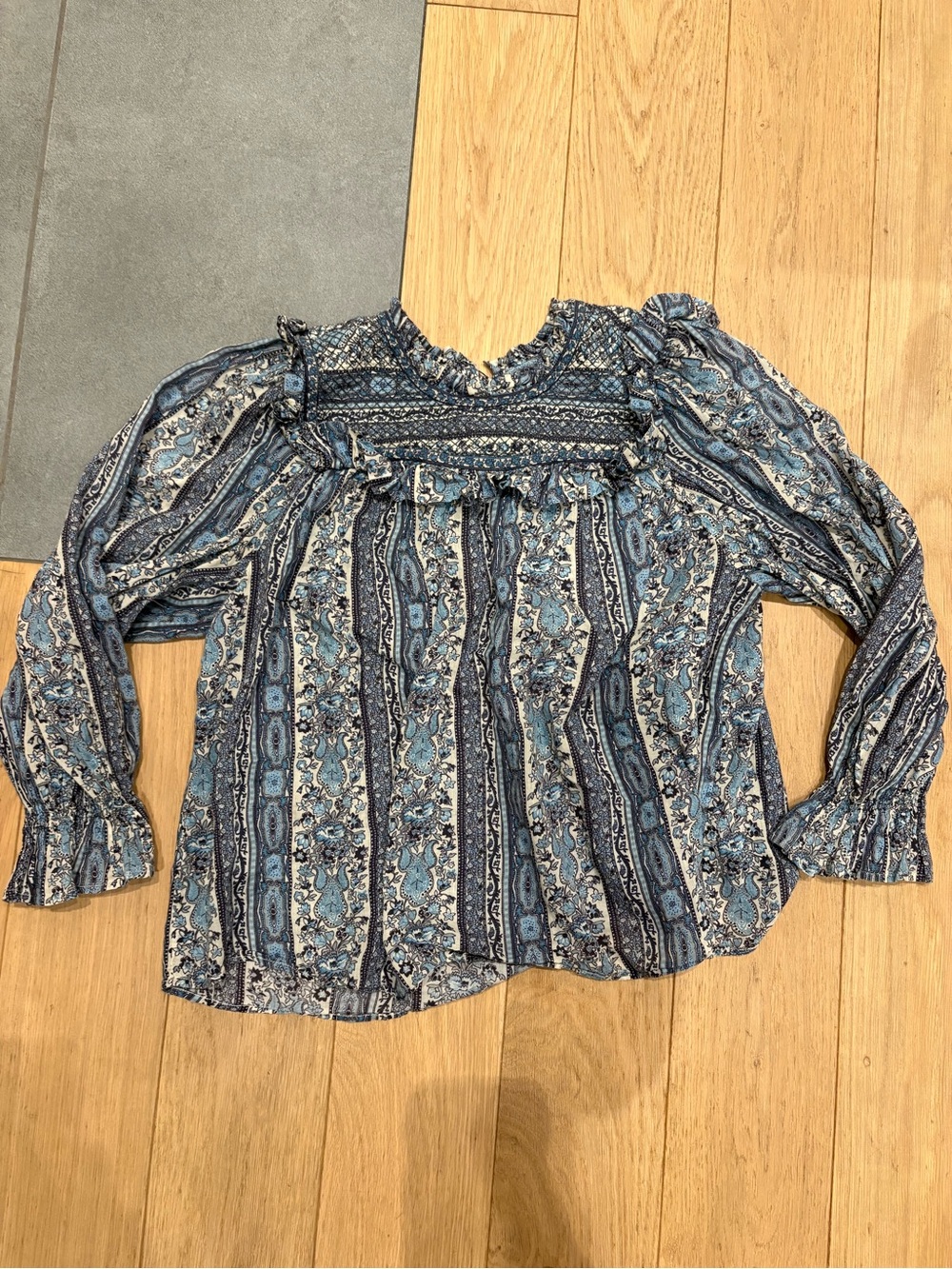 Doen Bridger Blue Paisley Ruffle Smocked Long Puff Sleeve Blouse